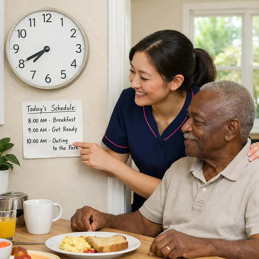 A realistic Asian female caregiver in a 00072b tunic with e51974 piping helping an elderly Black man check a clock and simple written routine before a day out breakfast dishes on the table gentle smiles bright home setting warm realistic caregiving moment