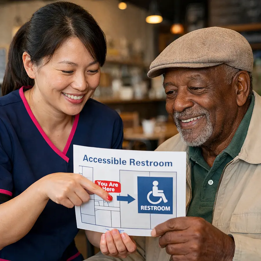 A realistic Asian female caregiver in a 00072b tunic with e51974 details showing an elderly Black man a clearly marked accessible toilet sign map before leaving a caf both relaxed and reassured natural smiles realistic photography