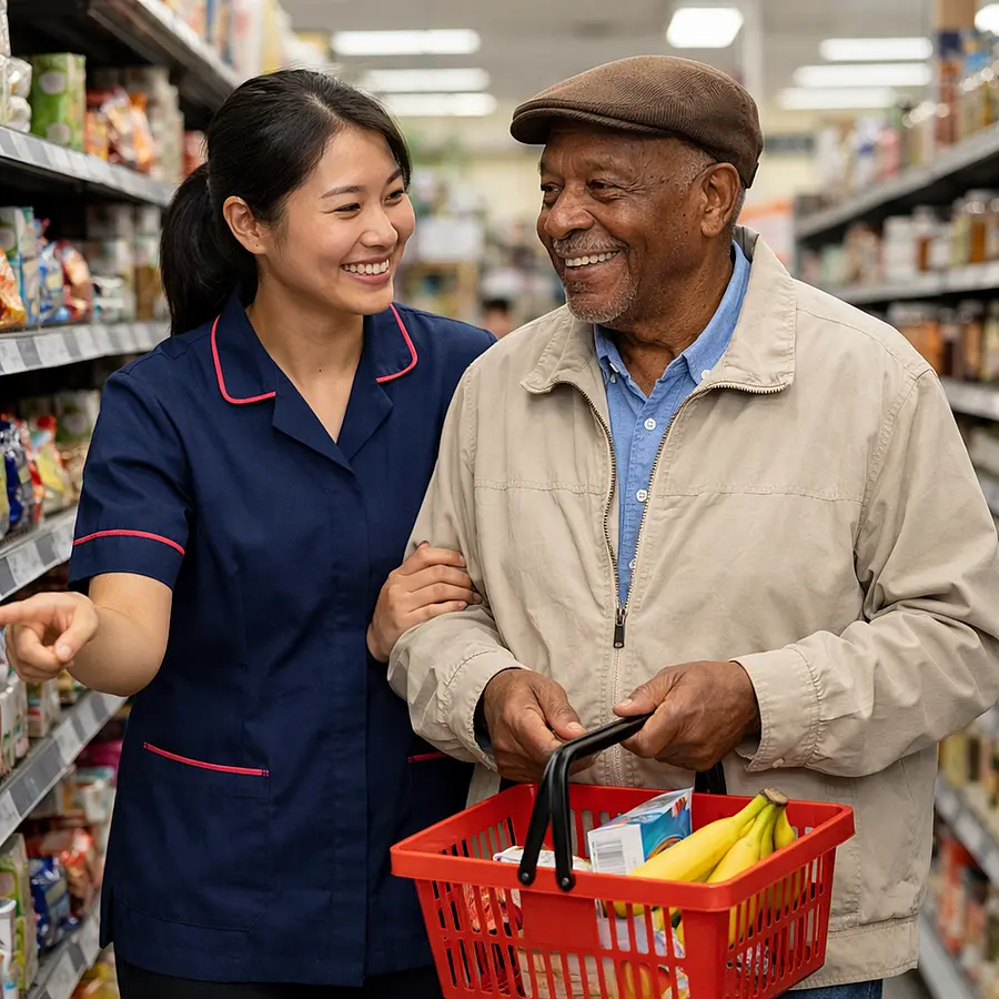A realistic Asian female caregiver in a 00072b tunic with e51974 piping helping an elderly Black man with a small shopping basket in a quiet supermarket aisle both smiling calm and supported realistic everyday photography