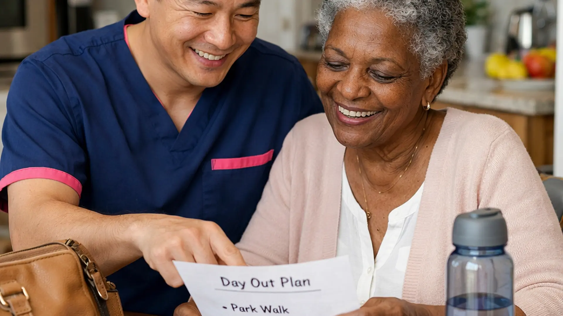 A realistic Asian male caregiver in a 00072b tunic with e51974 accent helping an elderly Black woman review a simple day out plan at a kitchen table handbag water bottle and glasses nearby warm smiles tidy home setting reassuring and joyful atmosphere natural documentary style photography