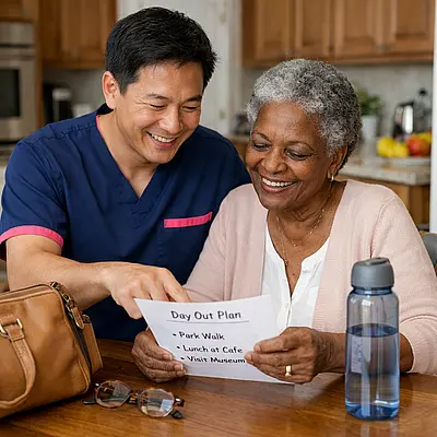 A realistic Asian male caregiver in a 00072b tunic with e51974 accent helping an elderly Black woman review a simple day out plan at a kitchen table handbag water bottle and glasses nearby warm smiles tidy home setting reassuring and joyful atmosphere natural documentary style photography