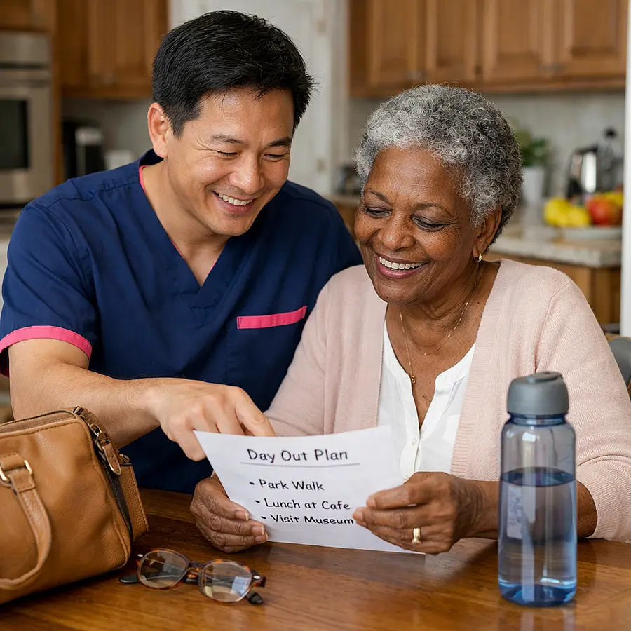 A realistic Asian male caregiver in a 00072b tunic with e51974 accent helping an elderly Black woman review a simple day out plan at a kitchen table handbag water bottle and glasses nearby warm smiles tidy home setting reassuring and joyful atmosphere natural documentary style photography