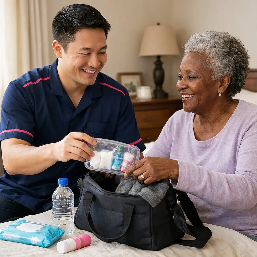 A realistic Asian male caregiver wearing a 00072b tunic with e51974 accents helping an elderly Black woman pack wipes water cardigan and toiletry items into a day bag both cheerful and relaxed in a bedroom realistic warm home care photography