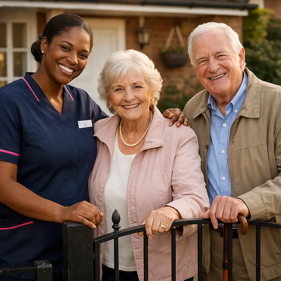 A realistic Black female caregiver in a 00072b tunic with e51974 detail standing with an elderly Caucasian couple at their front gate after a happy outing all smiling with reassurance and warmth golden natural light realistic home care photography
