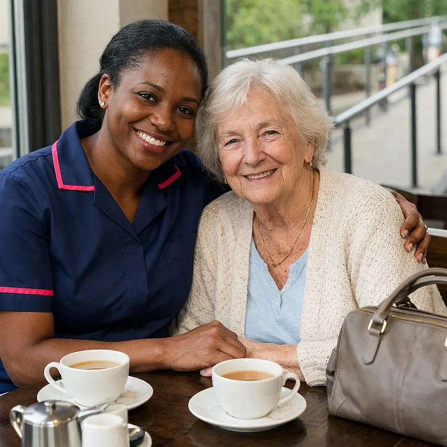 A realistic Black female caregiver in a 00072b tunic with e51974 trim sitting with an elderly Caucasian woman at a quiet caf table near an accessible route tea cups and handbag visible both smiling warmly natural realistic photography