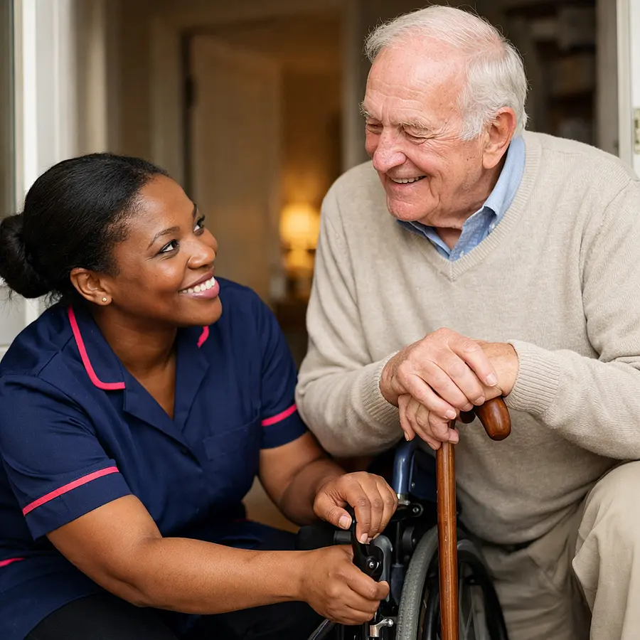 A realistic Black female caregiver in a 00072b tunic with e51974 detail checking the brakes on a wheelchair while an elderly Caucasian man smiles nearby with his walking stick doorway setting warm reassuring eye contact realistic high quality photography