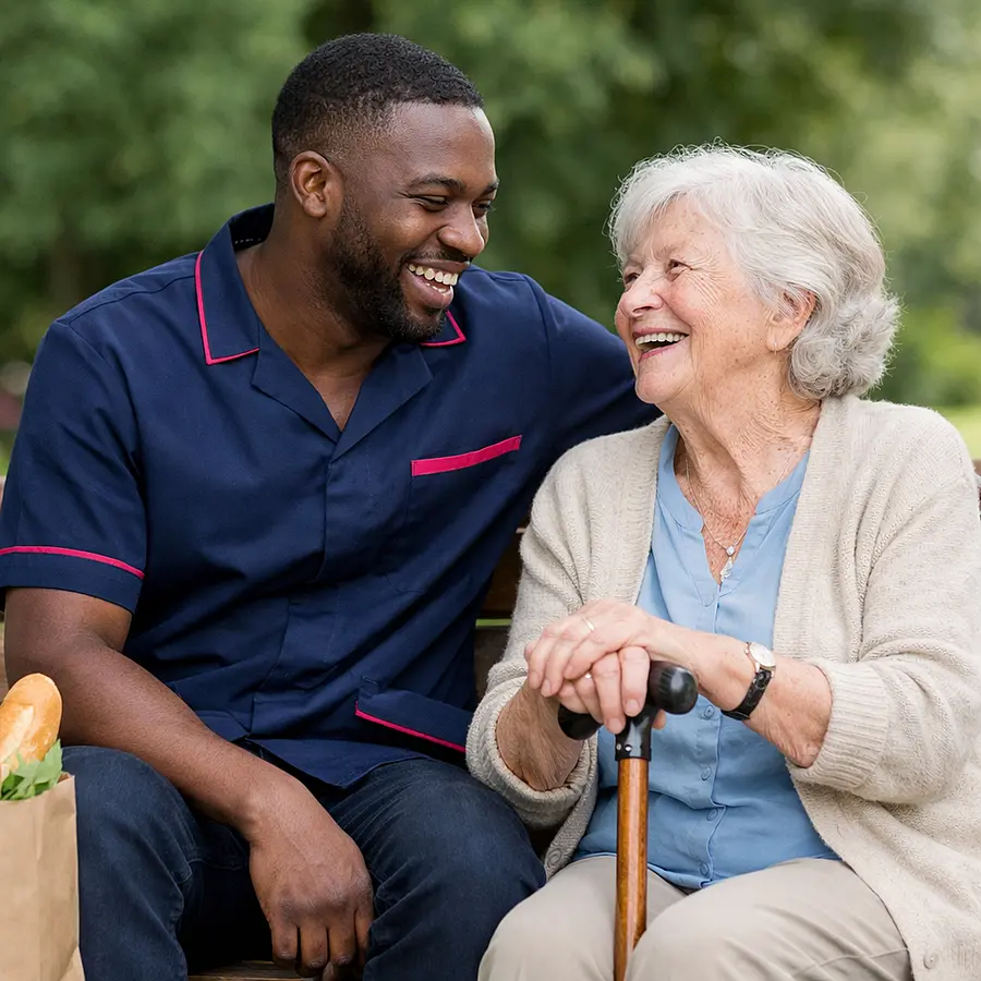 A realistic Black male caregiver in a 00072b tunic with e51974 accent laughing gently with an elderly Caucasian woman on a park bench during a relaxed outing shopping bag and walking stick nearby joyful reassuring expressions true to life photography