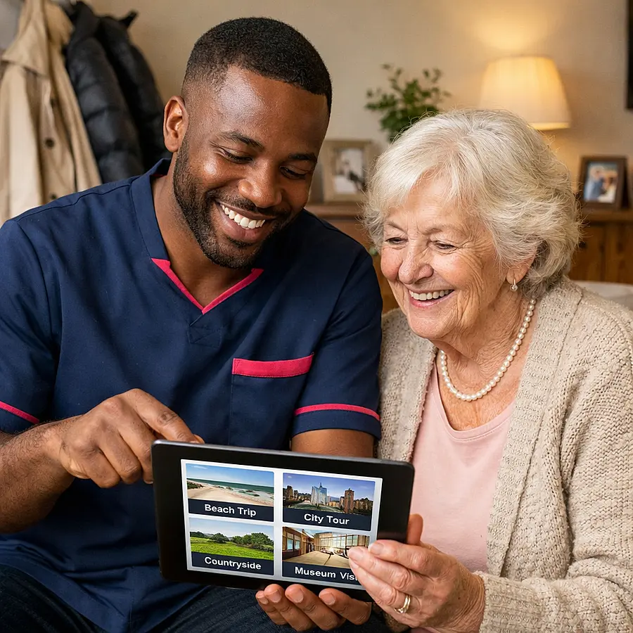 A realistic Black male caregiver in a 00072b tunic with e51974 accent showing an elderly Caucasian woman a tablet with accessible destination options both smiling in a living room before leaving coats ready warm and joyful tone realistic non stylized photography