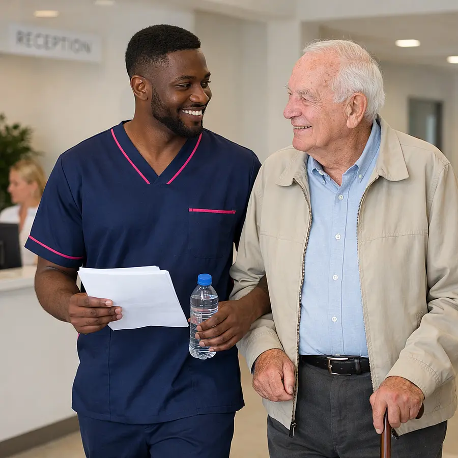 A realistic Black male caregiver in a 00072b tunic with e51974 accents accompanying an elderly Caucasian man through a clinic reception holding appointment papers and a water bottle calm smiling expressions bright healthcare setting realistic photographic look