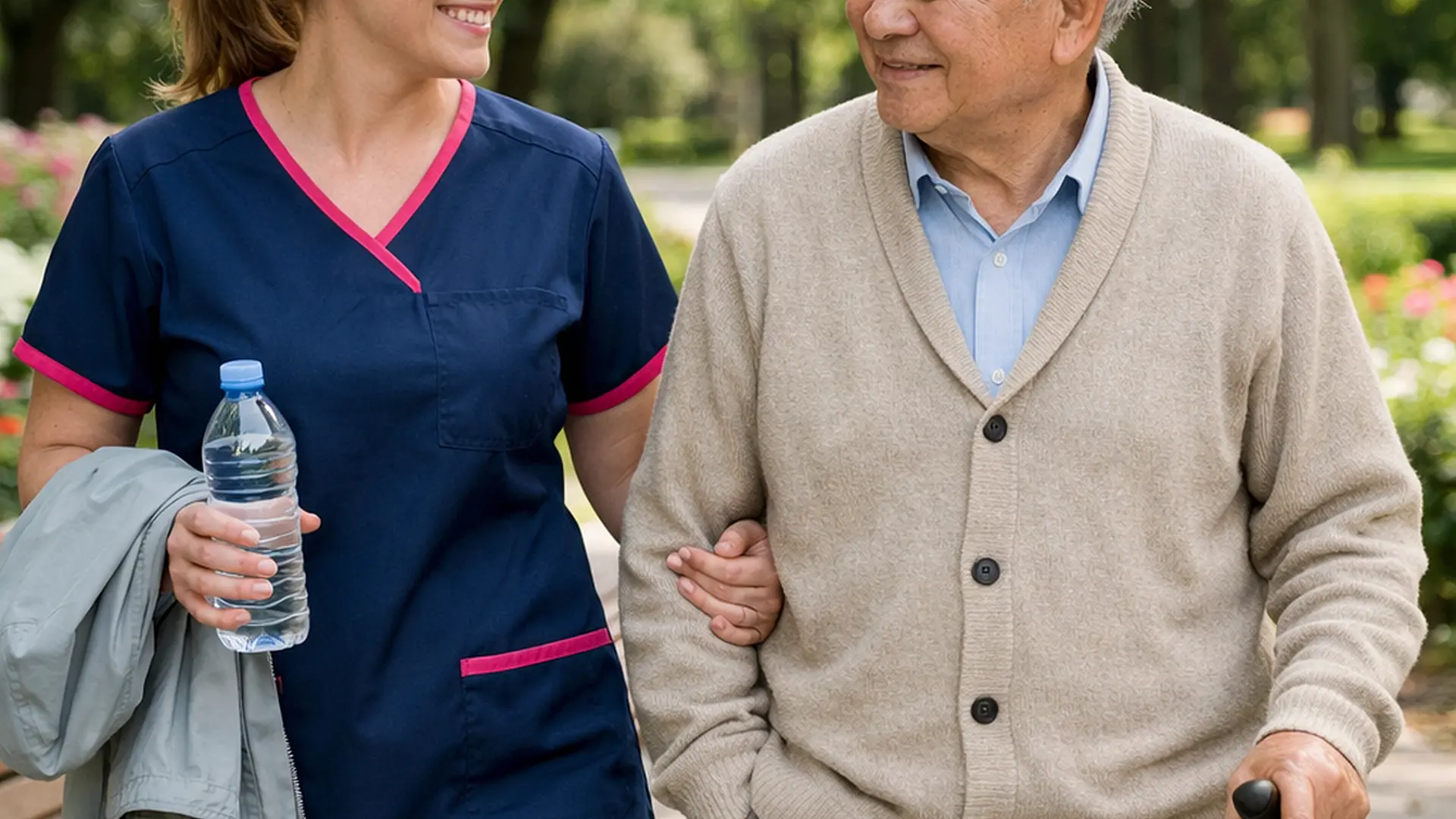 A realistic Caucasian female caregiver in a 00072b tunic with e51974 detail walking slowly beside an elderly Asian man in a park benches and flowers around them caregiver carrying water and a light jacket warm reassuring smiles realistic photography