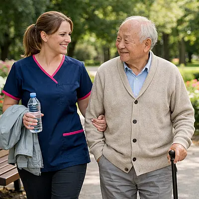 A realistic Caucasian female caregiver in a 00072b tunic with e51974 detail walking slowly beside an elderly Asian man in a park benches and flowers around them caregiver carrying water and a light jacket warm reassuring smiles realistic photography