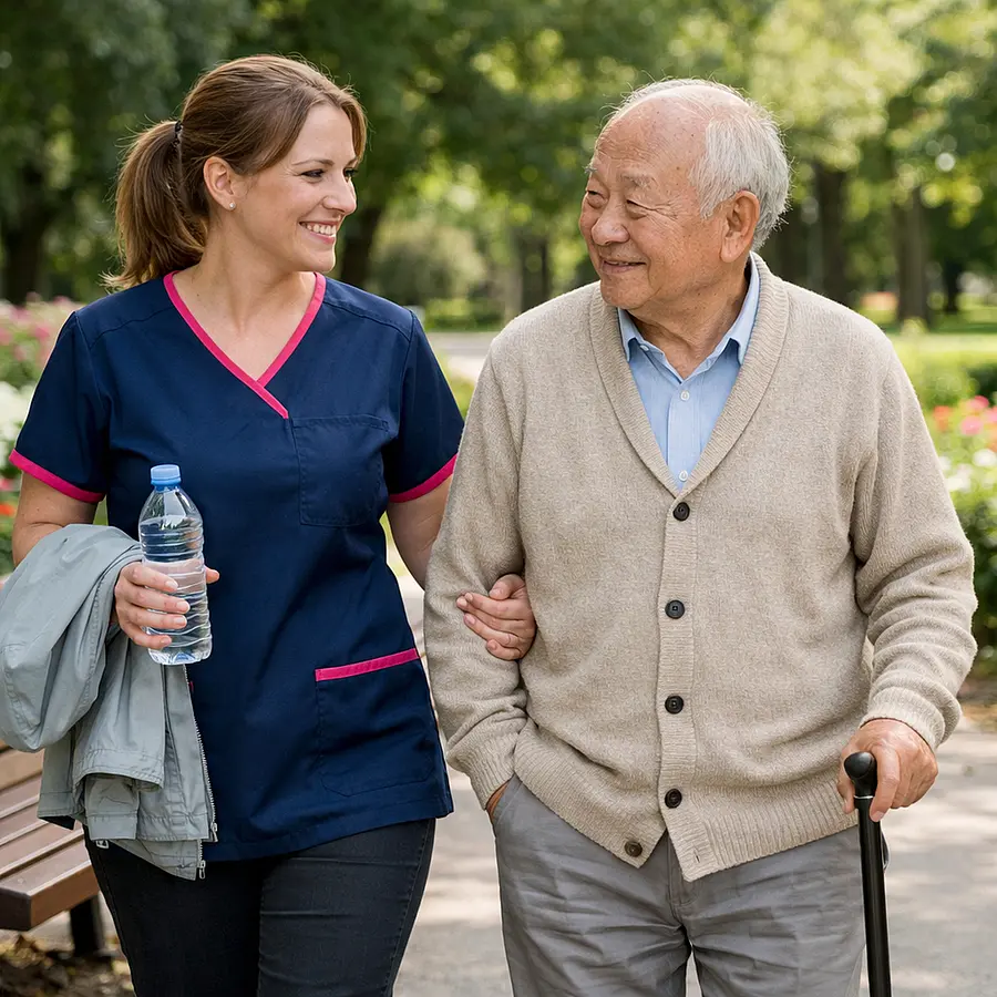 A realistic Caucasian female caregiver in a 00072b tunic with e51974 detail walking slowly beside an elderly Asian man in a park benches and flowers around them caregiver carrying water and a light jacket warm reassuring smiles realistic photography