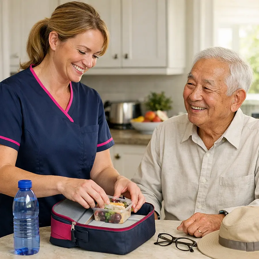 A realistic Caucasian female caregiver in a 00072b tunic with e51974 trim preparing a small lunch box and water bottle for an elderly Asian man before a day out both smiling in a bright kitchen warm caring atmosphere realistic non AI art style