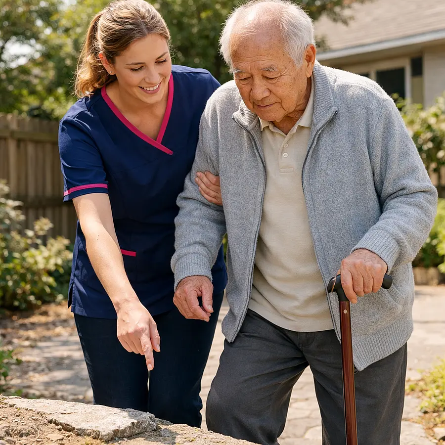 A realistic Caucasian female caregiver in a 00072b tunic with e51974 trim gently supporting an elderly Asian man walking carefully on an outdoor path pointing out an uneven surface both looking calm and reassured sunny day warm natural expressions realistic home care photography
