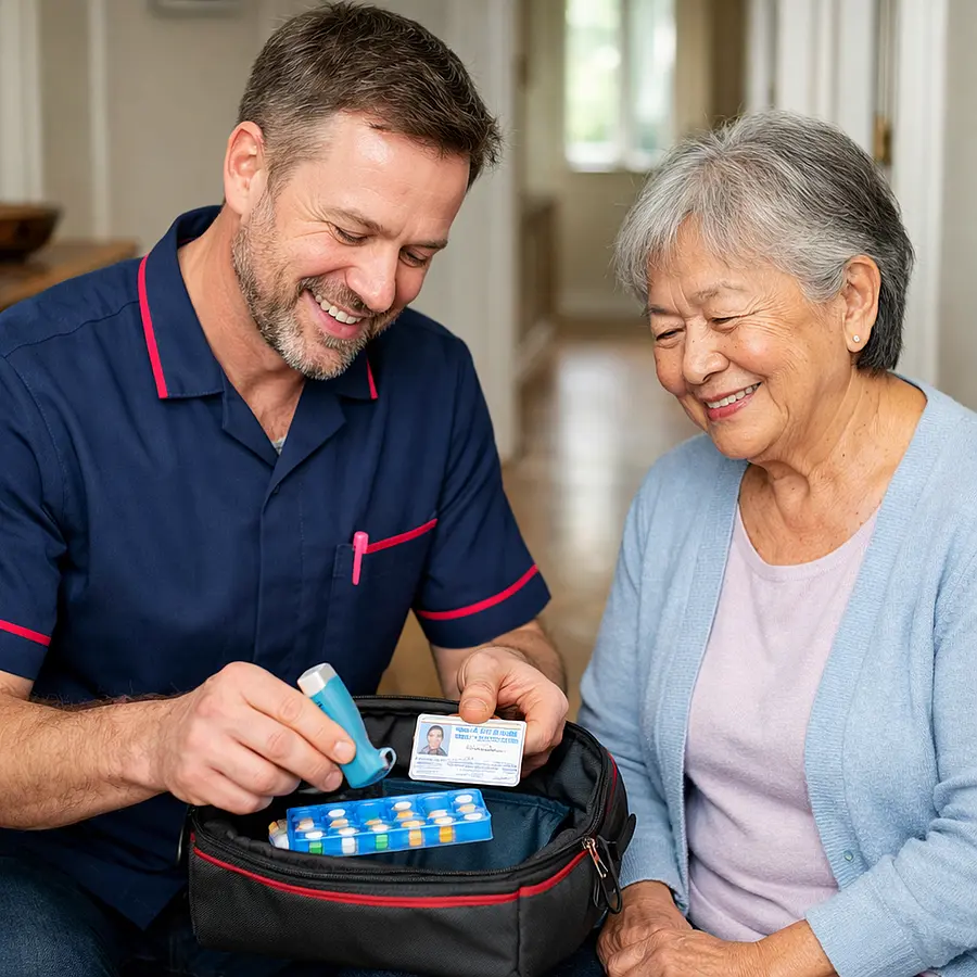 A realistic Caucasian male caregiver in a 00072b tunic with e51974 accents packing a pill organiser inhaler and contact card into a small bag for an elderly Asian woman both smiling with reassurance in a tidy hallway natural light realistic photo style