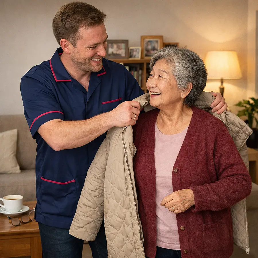 A realistic Caucasian male caregiver in a 00072b tunic with e51974 accent welcoming an elderly Asian woman back home after a day out helping her remove her coat while a tidy lounge and cup of tea wait nearby warm joyful realistic scene