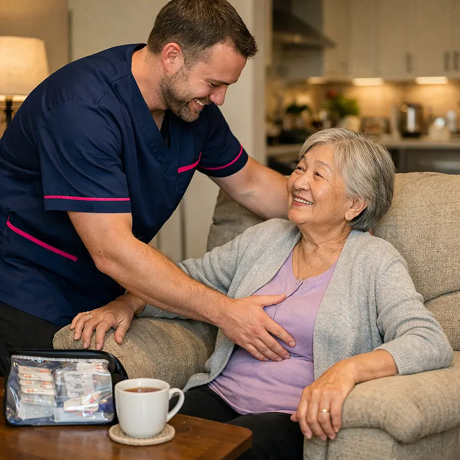 A realistic Caucasian male caregiver in a 00072b tunic with e51974 accent helping an elderly Asian woman comfortably back into her armchair after returning home medication pouch and tea nearby warm relieved smiles realistic home care photograph
