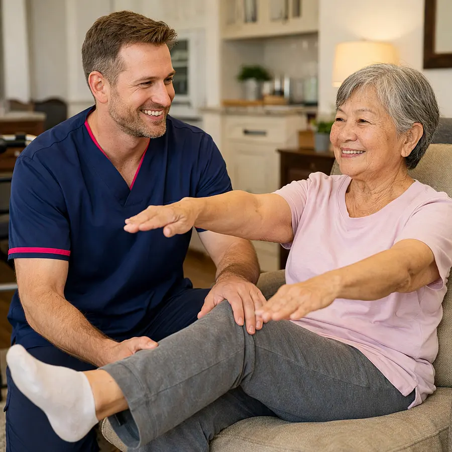 A realistic adapted exercise scene with a caucasian male caregiver in 00072b tunic with e51974 accent guiding an elderly asian woman with gentle seated arm and leg movements calm pace supportive smiles safe accessible home environment realistic photography
