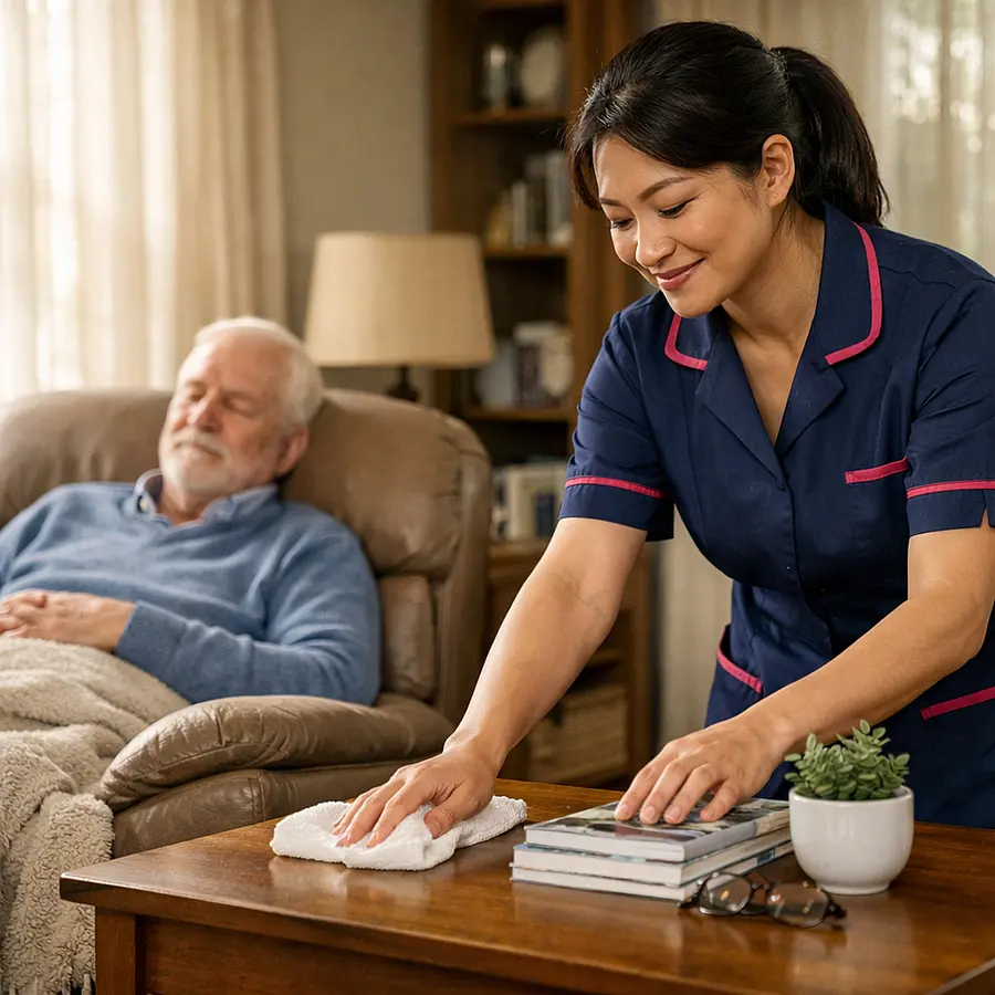 A realistic afternoon home scene with an asian female caregiver in a 00072b tunic uniform with e51974 accents quietly tidying a living room while a caucasian older male service user rests comfortably in an armchair both content sunlight through curtains atmosphere of calm and care