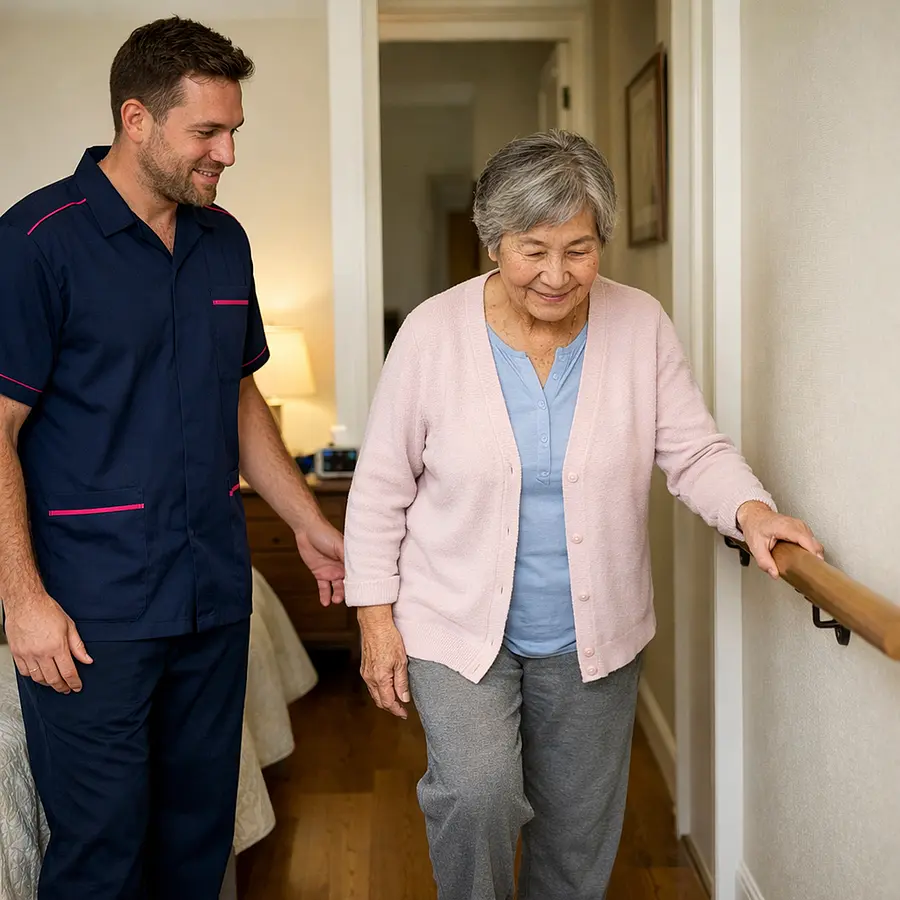 A realistic and reassuring home care scene of a caucasian male caregiver in a 00072b tunic with e51974 accents gently observing an elderly asian woman as she carefully walks from bedroom to hallway both calm and smiling softly with emphasis on safety monitoring and emotional support after a fall.
