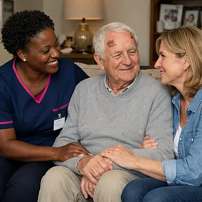 A realistic and tender home care scene of a black female caregiver in a 00072b tunic with e51974 accents sitting beside an elderly caucasian man and his daughter sharing a reassuring conversation in a cosy lounge all appearing understood calmer and supported after a fall.