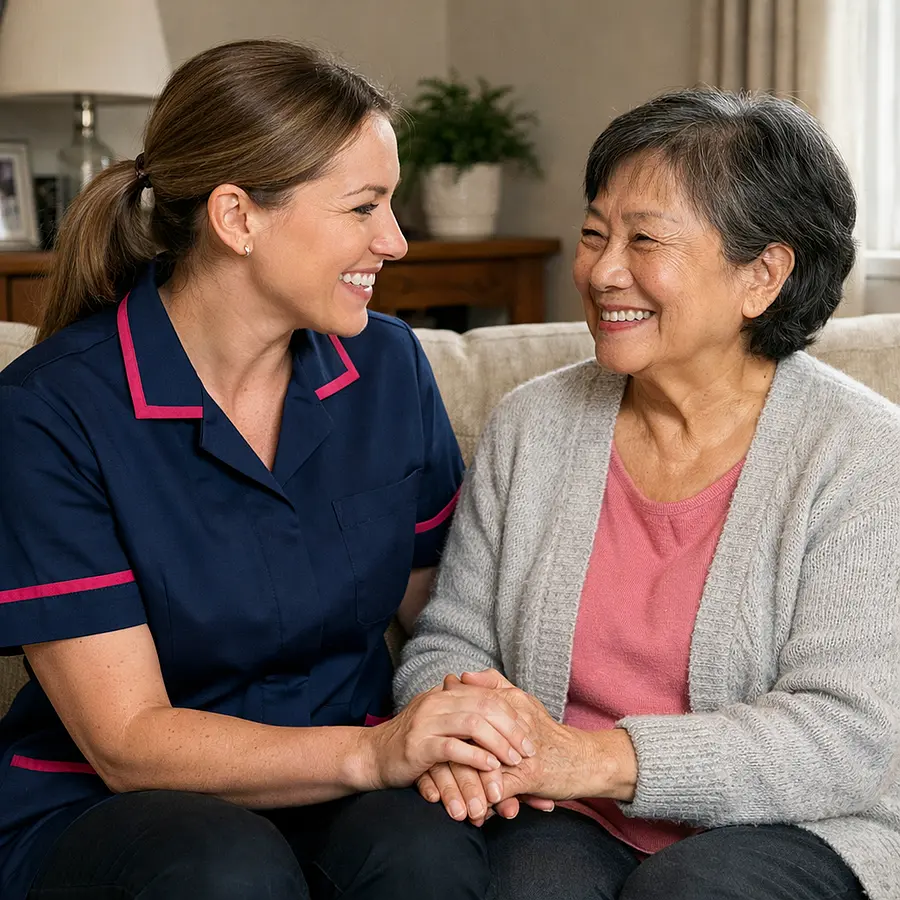 A realistic and uplifting home care scene with a caucasian female caregiver in a 00072b tunic with e51974 accent sharing a warm moment with an asian female service user in a comfortable lounge both smiling with trust and relief professional yet personal atmosphere realistic photography style.