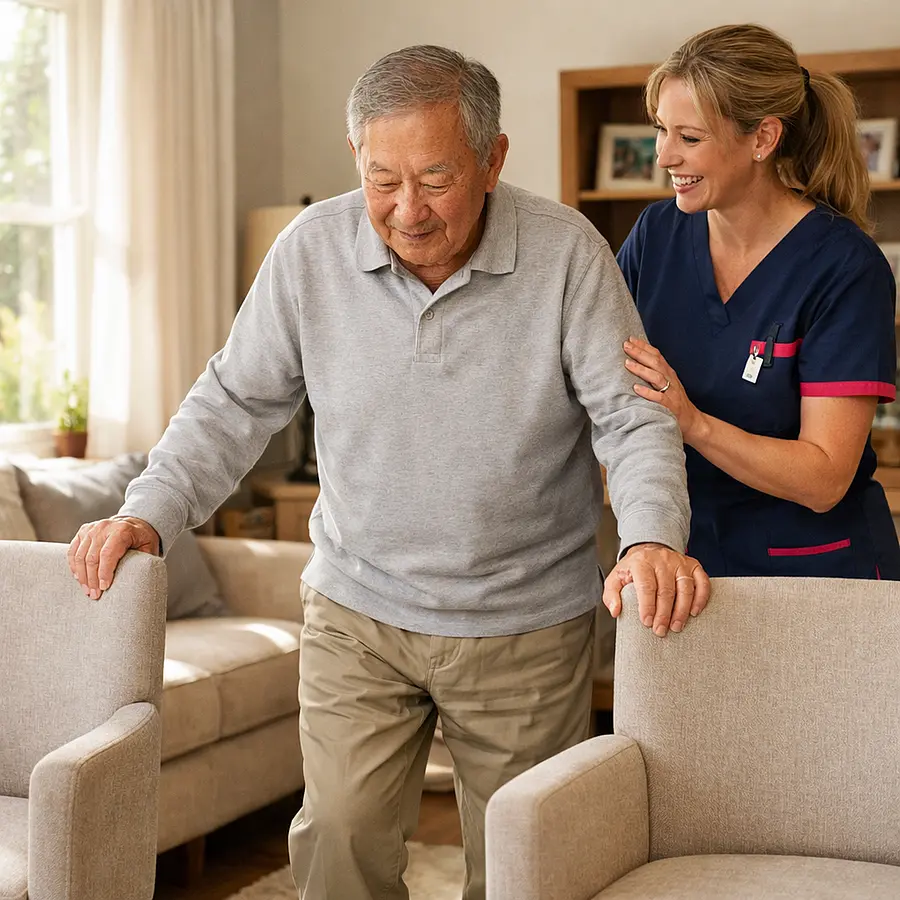 A realistic and uplifting scene showing a caucasian female caregiver in 00072b with e51974 accents encouraging an elderly asian man to practise a short supported walk between living room chairs sunlight in the room warm smiles and a clear sense of gradual reablement and growing independence.