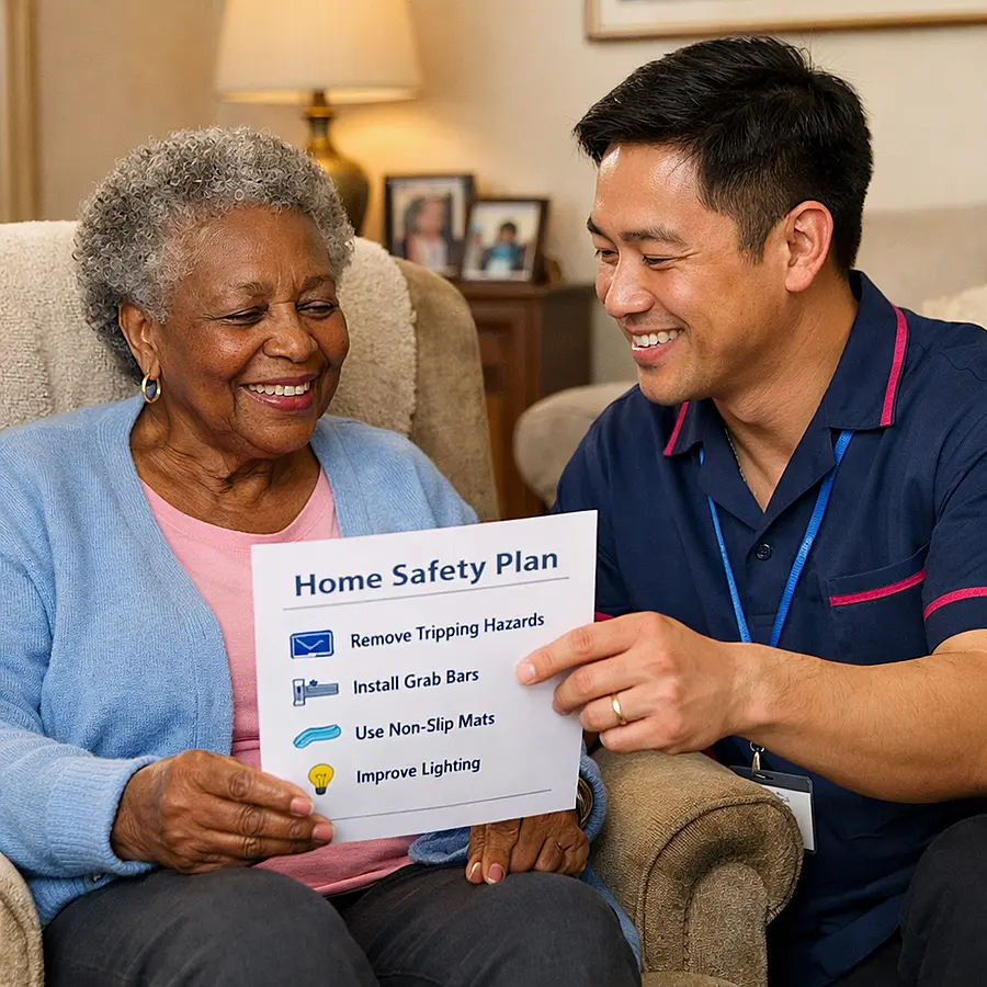 A realistic and warm home care image of an asian male caregiver in a 00072b tunic with e51974 accents sitting beside an elderly black woman in an armchair reviewing a simple home safety plan together both relaxed and smiling in a tidy lounge showing emotional reassurance after a recent fall.
