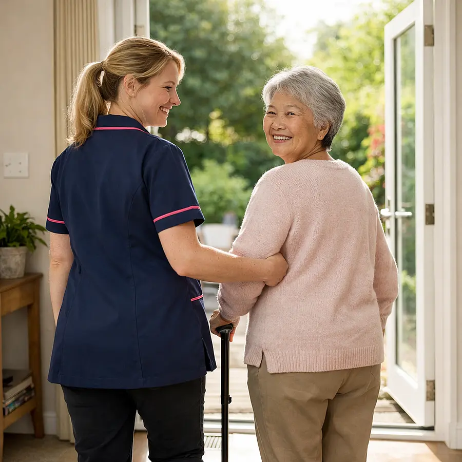 A realistic and welcoming home care image of a caucasian female caregiver in a 00072b tunic with e51974 accents walking beside an elderly asian woman toward a sunny garden door both smiling confidently conveying trust warmth independence and positive recovery after a fall.
