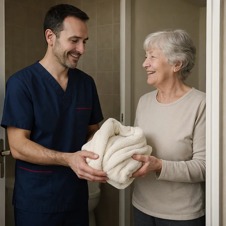 A realistic bathroom doorway scene where a caucasian male caregiver in a 00072b tunic with e51974 accents gently hands a fluffy robe to an older woman standing just outside the door both smiling respectfully illustrating privacy and preserved independence during toileting support.