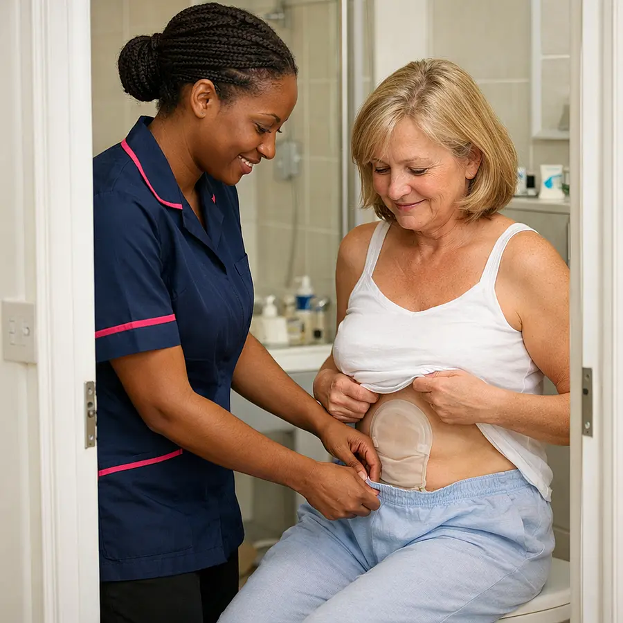 A realistic bathroom doorway scene with a black female caregiver wearing a 00072b tunic with e51974 accent respectfully assisting a middle aged caucasian female service user with dressing and stoma routine preparation both smiling gently modest and dignified composition bright clean home setting.