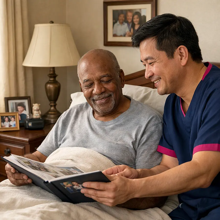 A realistic bedroom at home with an asian male caregiver in a 00072b tunic with e51974 accent gently arranging a photo album for an older black man in bed both smiling softly with warm daylight family keepsakes and a comforting atmosphere focused on dignity warmth and emotional connection.
