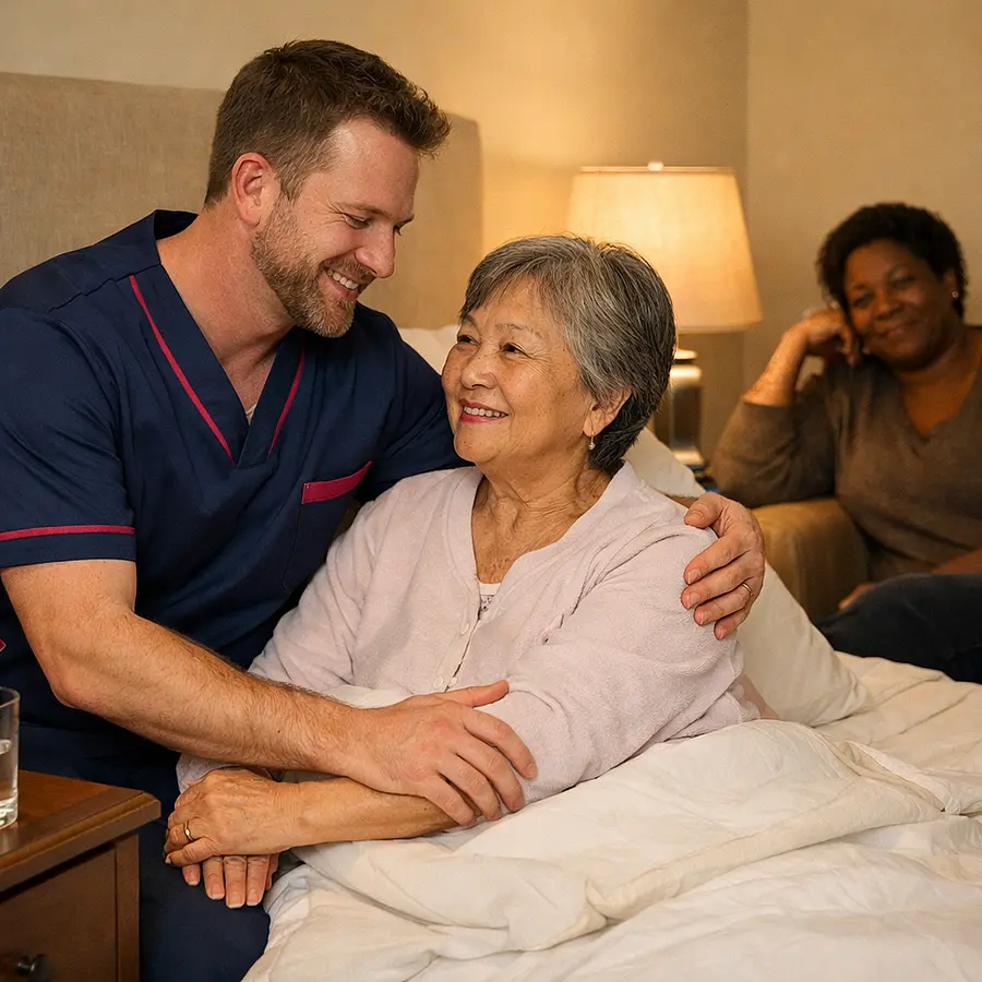 A realistic bedroom care scene with a caucasian male caregiver in a tunic uniform colour 00072b with e51974 accent supporting an asian elderly female service user while a black family member rests nearby warm bedside lighting gentle smiles professional yet compassionate atmosphere