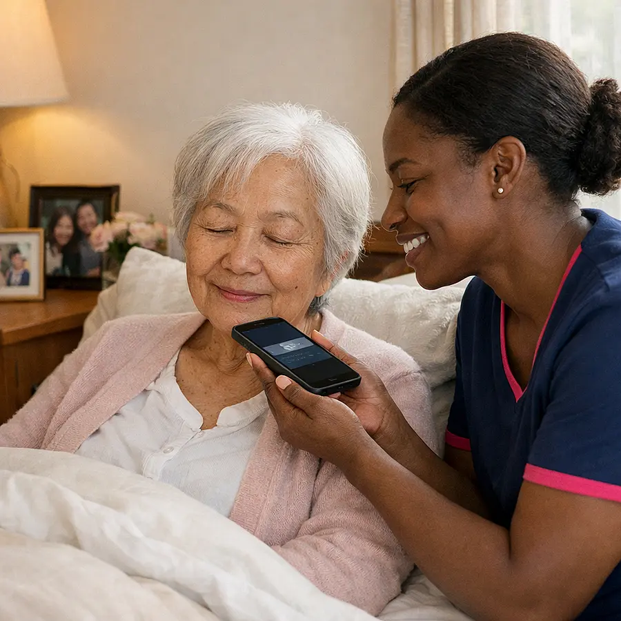 A realistic bedroom scene showing a black female caregiver in a 00072b tunic with e51974 accent holding a phone near an elderly asian woman so she can listen to family voice messages both appearing peaceful and comforted with soft bedding framed photos and warm natural light.