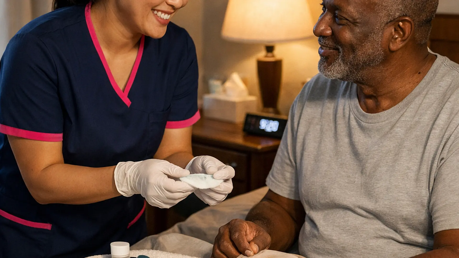 A realistic bedroom scene showing an asian female caregiver in a 00072b tunic with e51974 accent helping an older black male service user prepare a bedside stoma care kit for overnight reassurance soft evening light caring eye contact joyful yet calm sense of support.