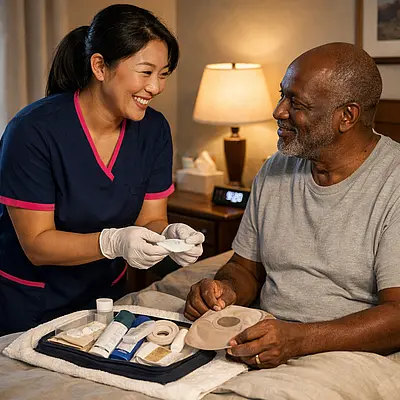 A realistic bedroom scene showing an asian female caregiver in a 00072b tunic with e51974 accent helping an older black male service user prepare a bedside stoma care kit for overnight reassurance soft evening light caring eye contact joyful yet calm sense of support.