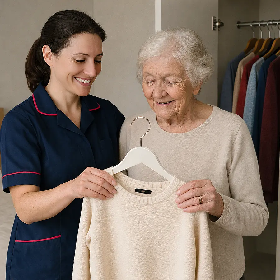 A realistic bedroom scene where a Caucasian female caregiver in a 00072b tunic uniform with e51974 a