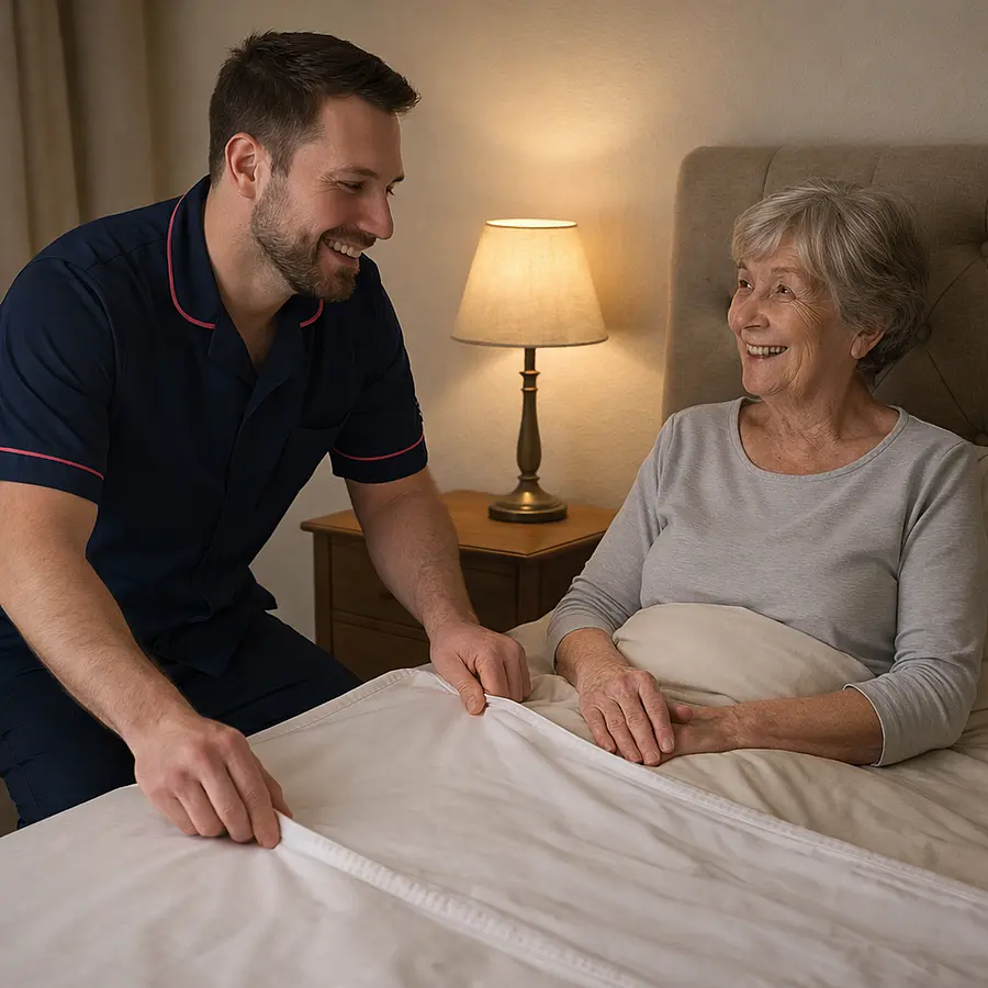 A realistic bedroom scene where a caucasian male caregiver in a 00072b tunic with e51974 piping adjusts a waterproof mattress protector on an older womans bed both sharing a light conversation bedside lamp on creating a cosy reassuring environment that supports continence care at home.