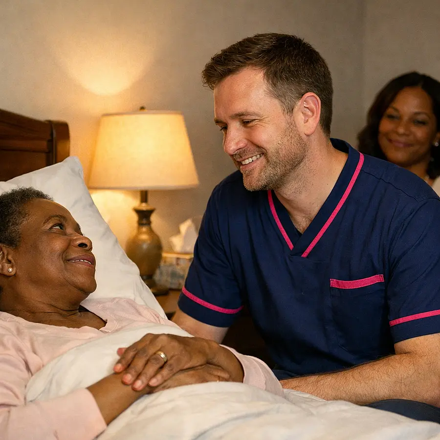 A realistic bedroom scene with a caucasian male caregiver wearing a 00072b tunic with e51974 accents listening kindly to a black female service user resting in bed a family member nearby the mood calm and reassuring warm bedside lamp realistic facial expressions showing trust and relief