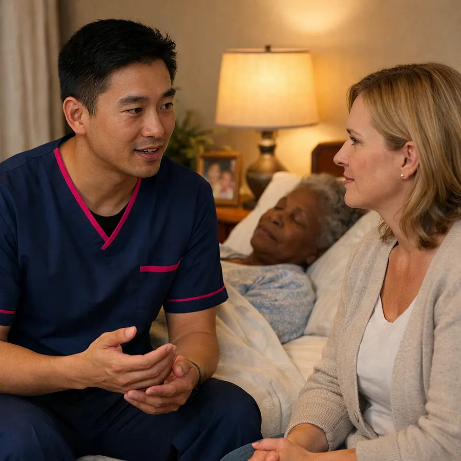 A realistic bedroom scene with an asian male caregiver in a tunic uniform colour 00072b with e51974 accent gently explaining end of life changes to a caucasian female family member while a black elderly female service user rests comfortably in bed warm home setting soft lamp lighting calm and reassu
