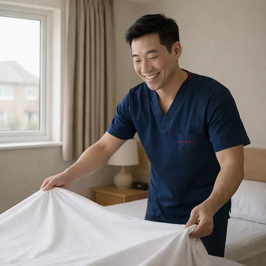 A realistic bedroom where a an asian male caregiver in a 00072b tunic uniform e51974 accent is cheerfully changing bedsheets for an older person that is not able to do so. the older person should not be included in the image