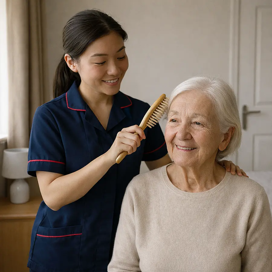 A realistic bedroom where a asian female carer in a 00072b tunic uniform e51974 accent is brushing the hair of an elderly woman in a bathroom setting both content and secure