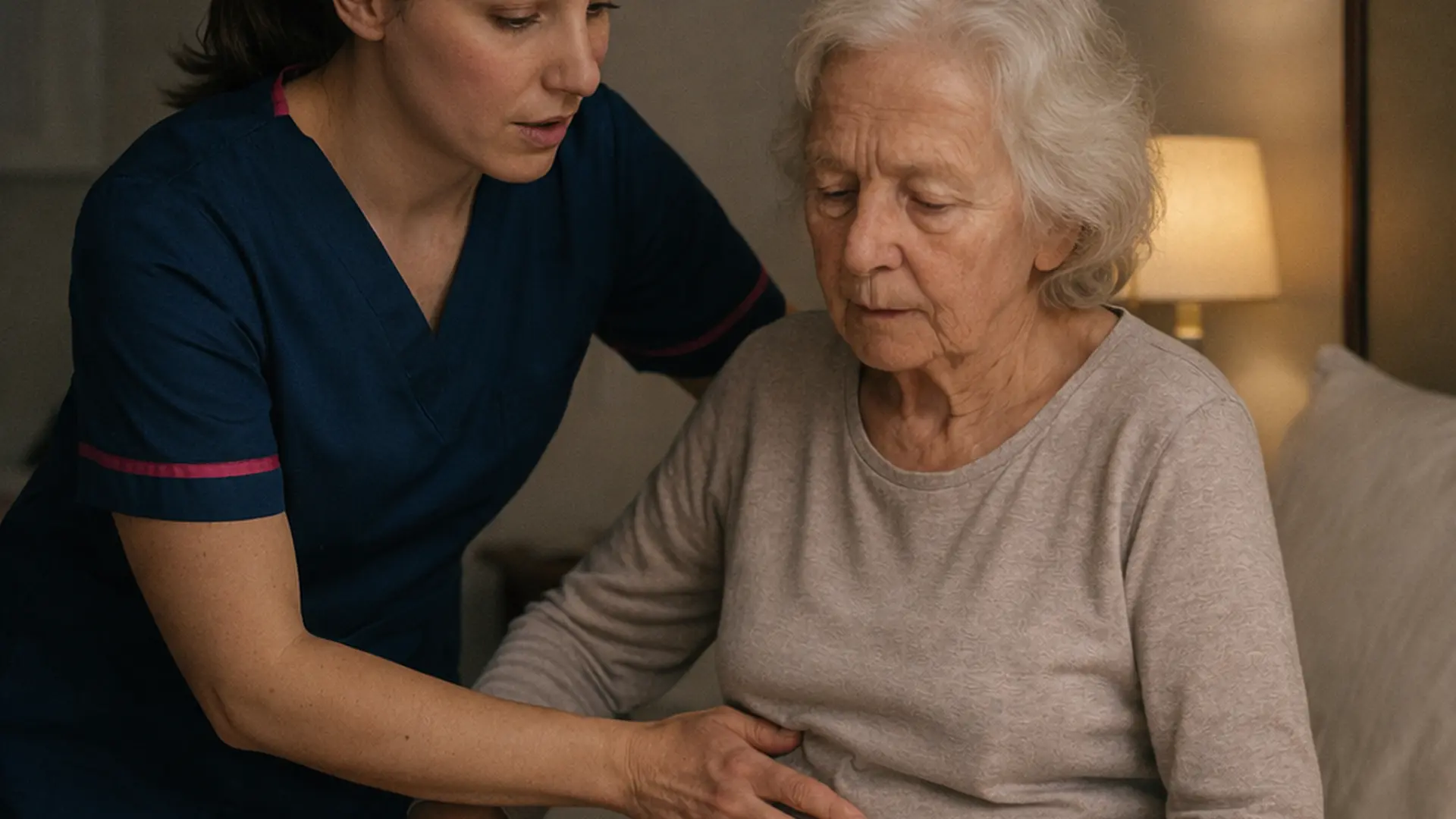 A realistic bedroom where a caucasian female caregiver in a 00072b tunic uniform e51974 accentis providing gentle support for an older woman during overnight care. this should be a night time with a small lamp on. the carer is there to prevent falls and other nighttime challenges. providing a safe a