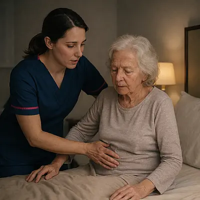 A realistic bedroom where a caucasian female caregiver in a 00072b tunic uniform e51974 accentis providing gentle support for an older woman during overnight care. this should be a night time with a small lamp on. the carer is there to prevent falls and other nighttime challenges. providing a safe a