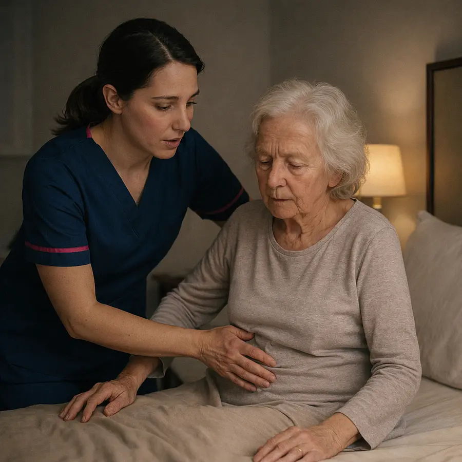 A realistic bedroom where a caucasian female caregiver in a 00072b tunic uniform e51974 accentis providing gentle support for an older woman during overnight care. this should be a night time with a small lamp on. the carer is there to prevent falls and other nighttime challenges. providing a safe a