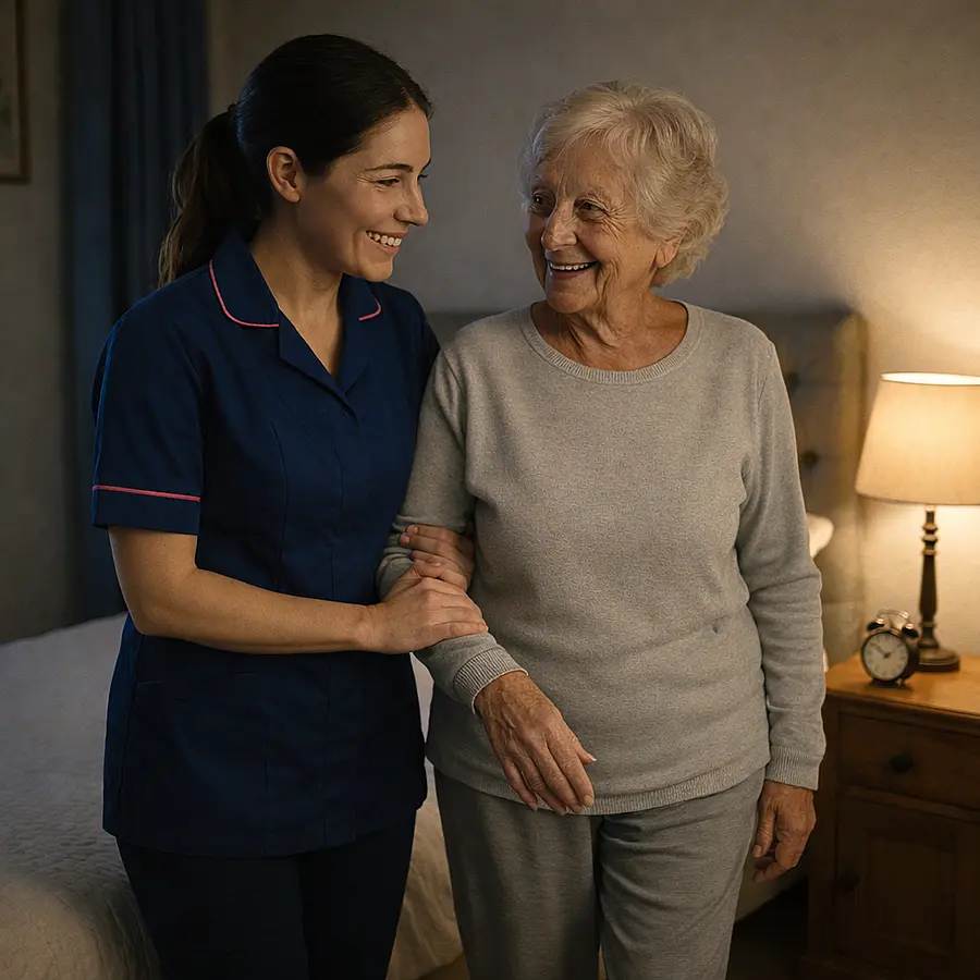 A realistic bedroom where a caucasian female caregiver in a 00072b tunic uniform e51974 accent is walking an elderly woman back to bed. this is at night time and a small lamp should be on. the carer is providing reassurance and they are both content