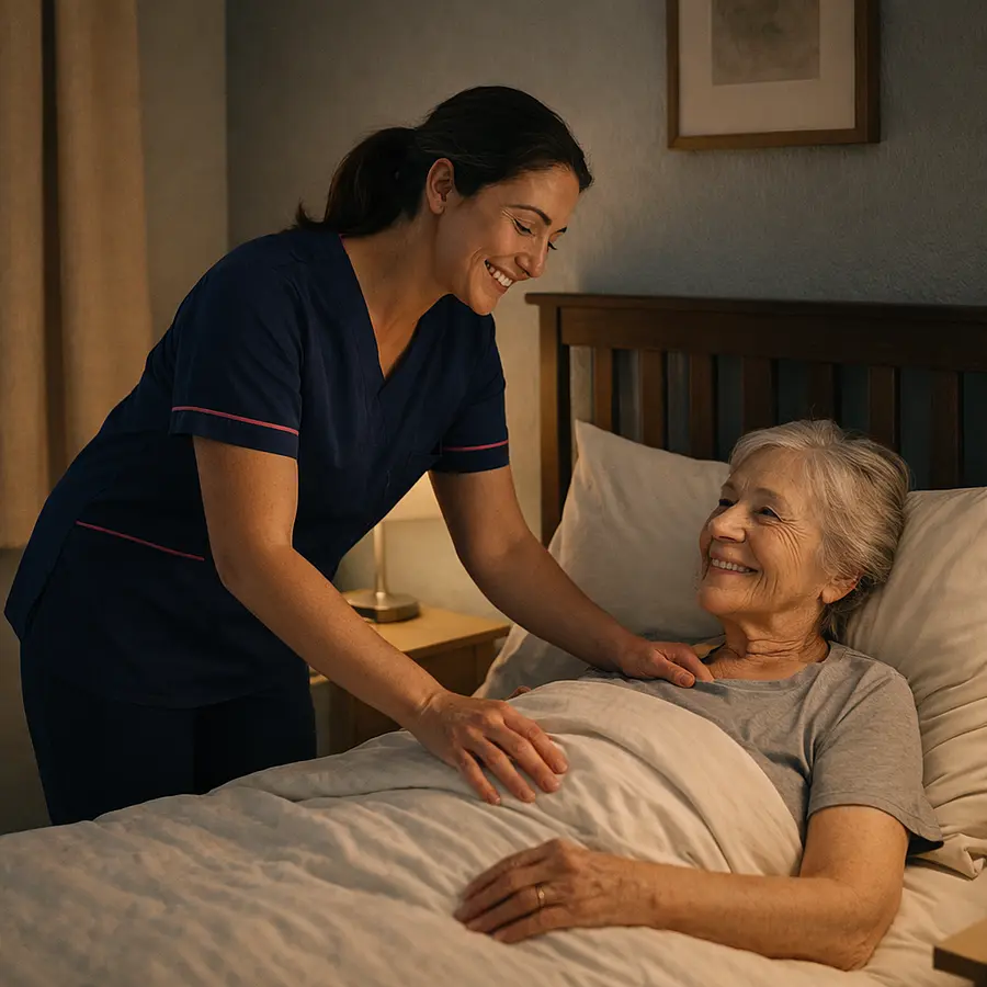 A realistic bedroom where a caucasian female caregiver in a 00072b tunic uniform e51974 accent is tucking an elderly woman back in to bed. this is at night time and a small lamp should be on. the carer is providing reassurance and they are both content