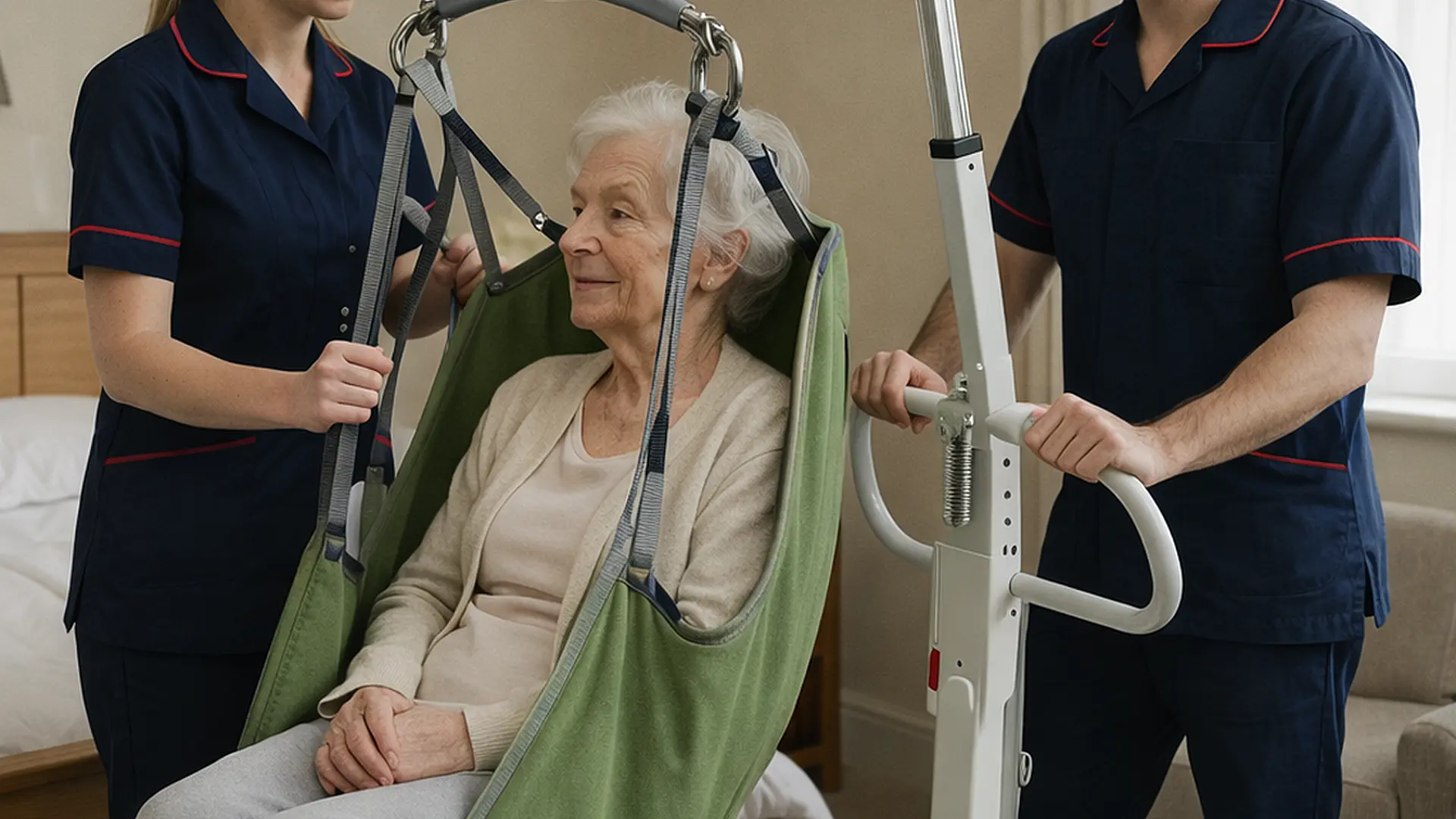 A realistic bedroom where a caucasian male and female caregivers in a 00072b tunic uniforms e51974 accent are operating a hoist with an elderly woman in moving her from her bed to an armchair.