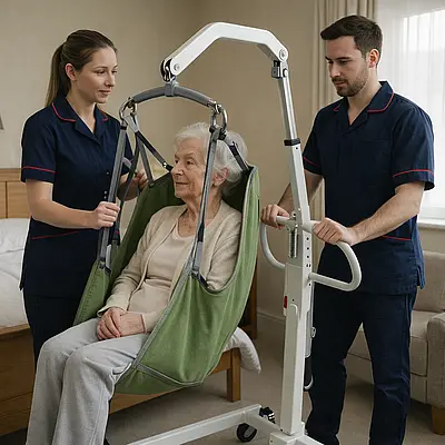 A realistic bedroom where a caucasian male and female caregivers in a 00072b tunic uniforms e51974 accent are operating a hoist with an elderly woman in moving her from her bed to an armchair.