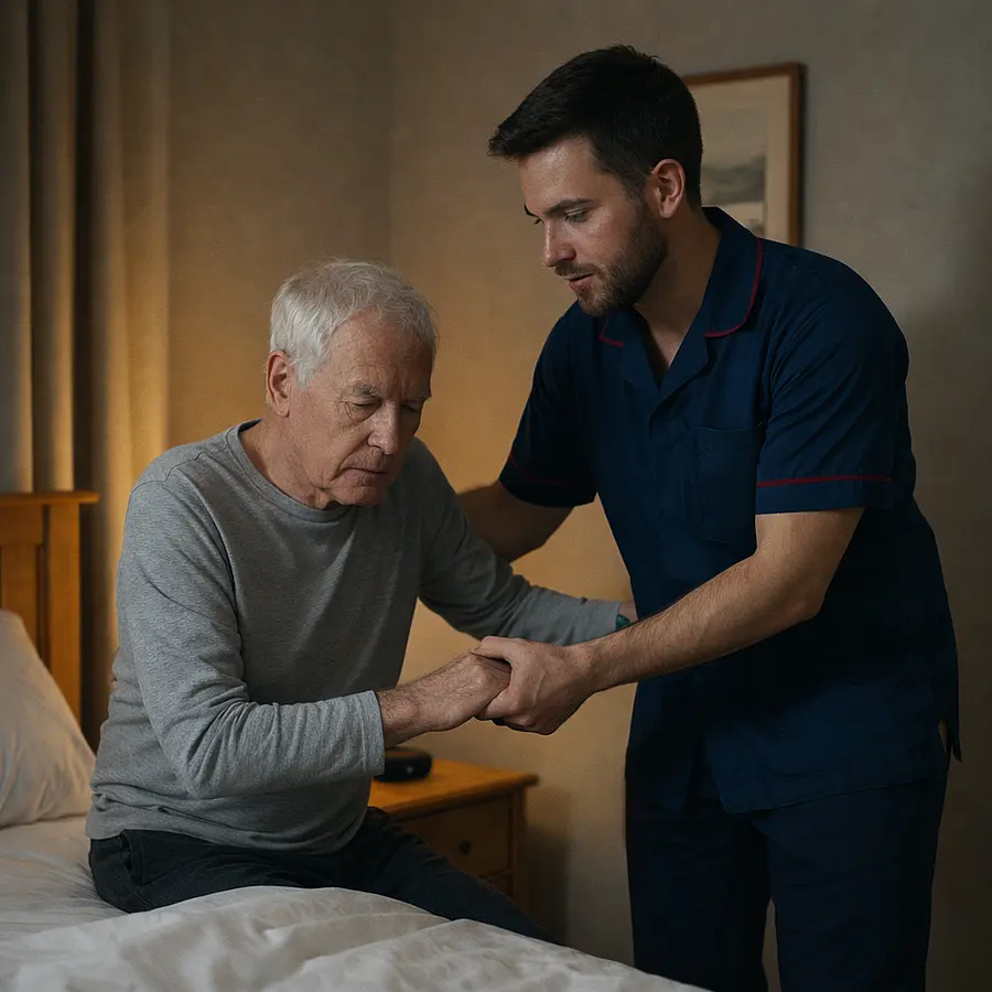 A realistic bedroom where a caucasian male caregiver in a 00072b tunic uniform e51974 accent is providing gentle support for an older person during overnight care. this should be a night time with a small lamp on. the carer is there to prevent falls and other nighttime challenges. providing a safe a